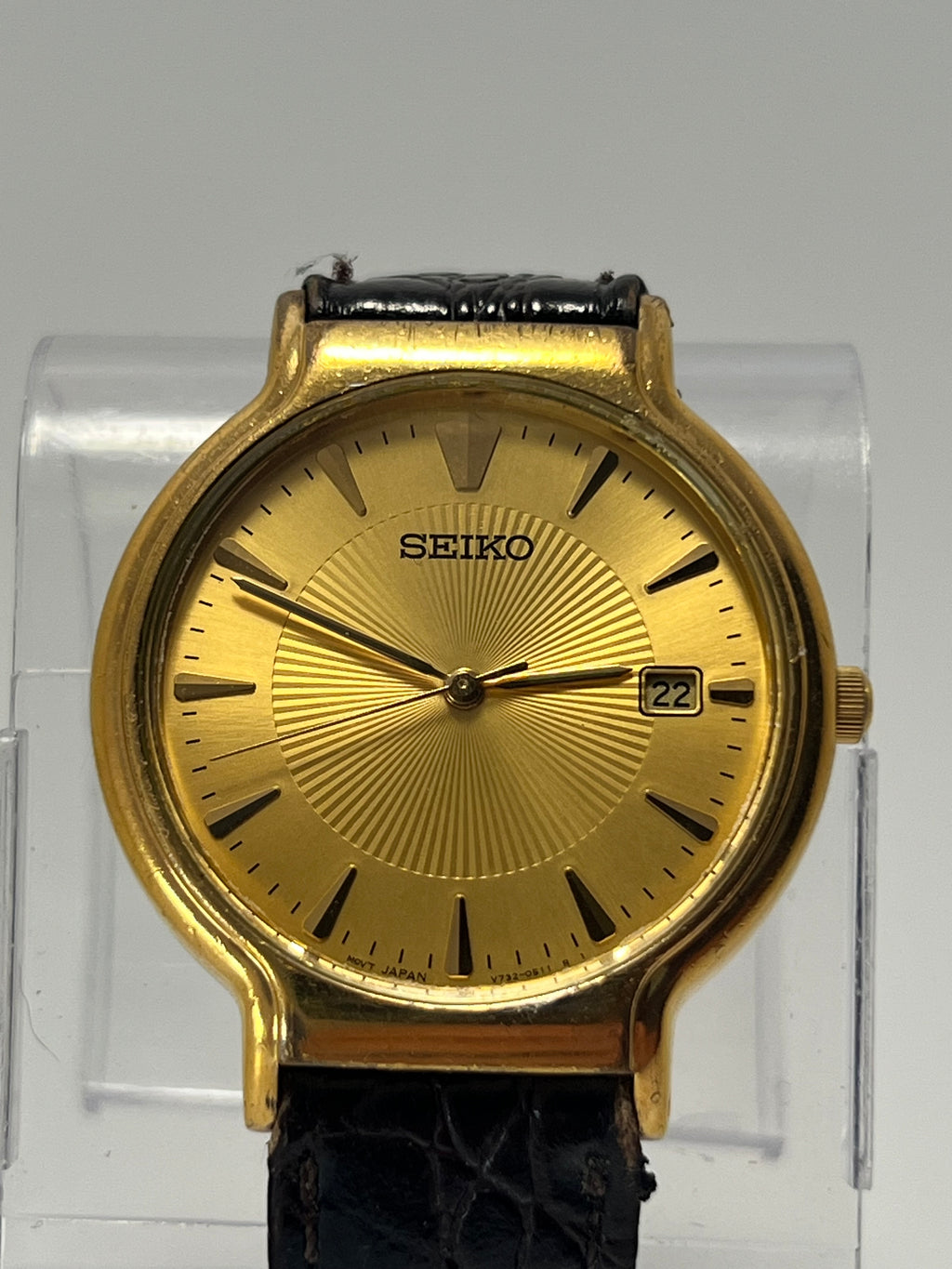 Men's Seiko V732-0220 Gold Tone Quartz Date Watch 33mm
