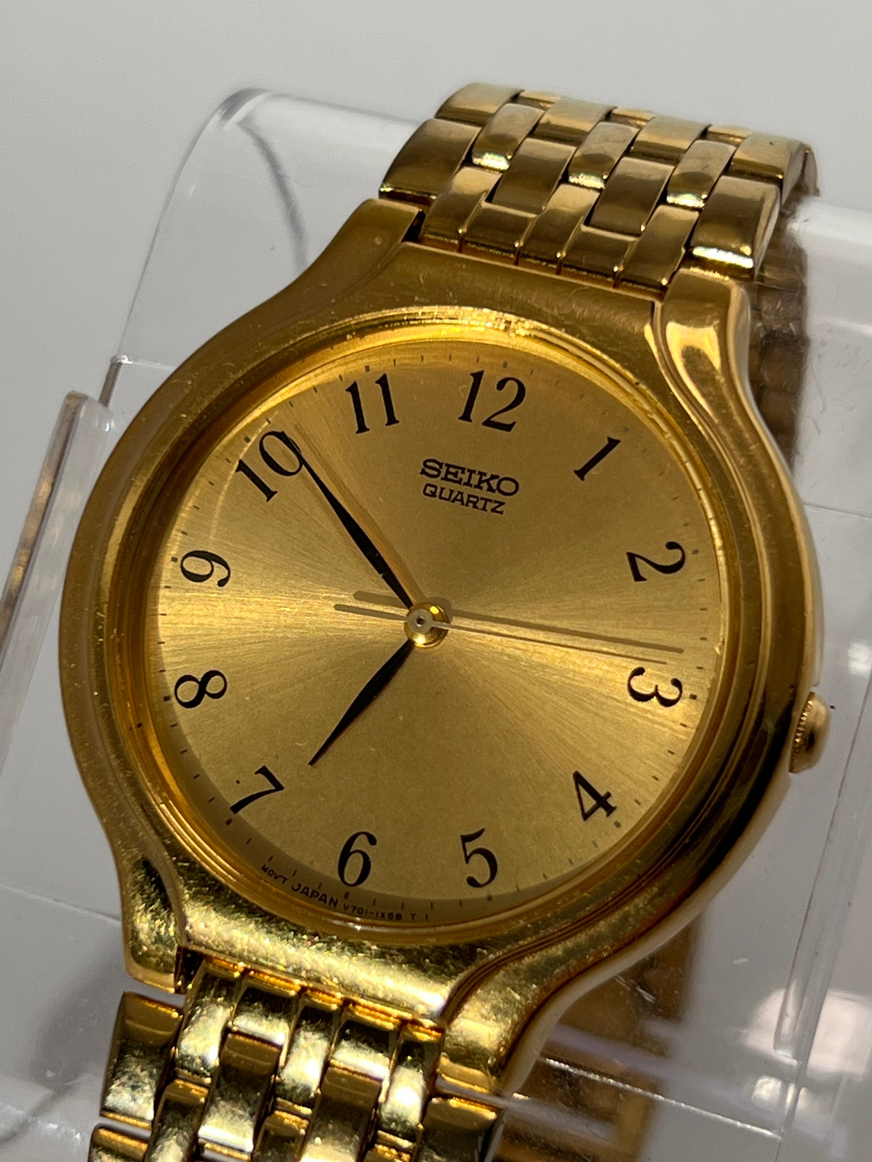 Seiko V701-6K69 Men's Quartz Gold Tone Dial 34mm Gold Tone Watch Vintage 1993