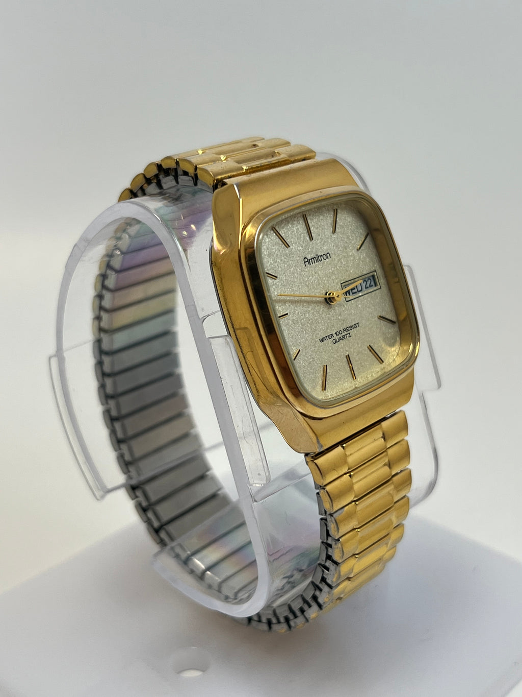 Armitron Watch Men 30mm Champagne Dial Gold Tone Daydate Rectangle