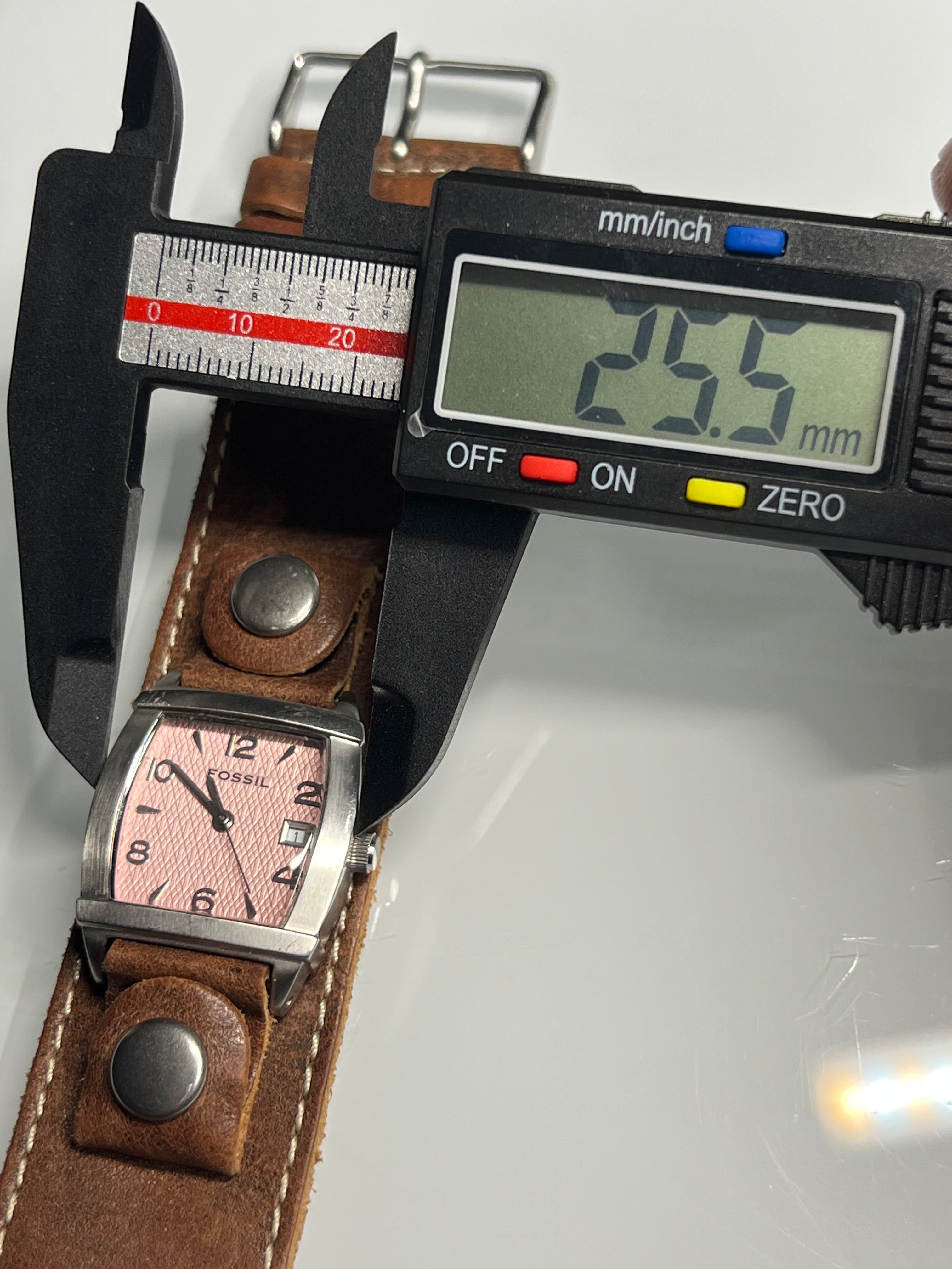 Fossil Watch Women’s 25mm Pink Silver Tone Date Wide Leather Cuff Band JR9010