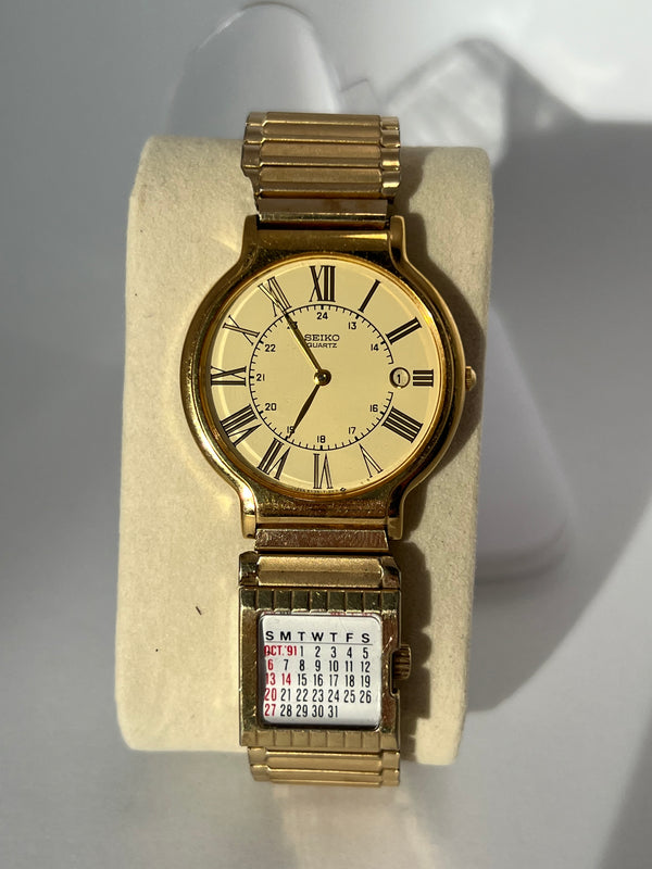 1993 Seiko 5y39-7060 Men’s Gold Tone Dress Quartz Watch with Calendar Bracelet