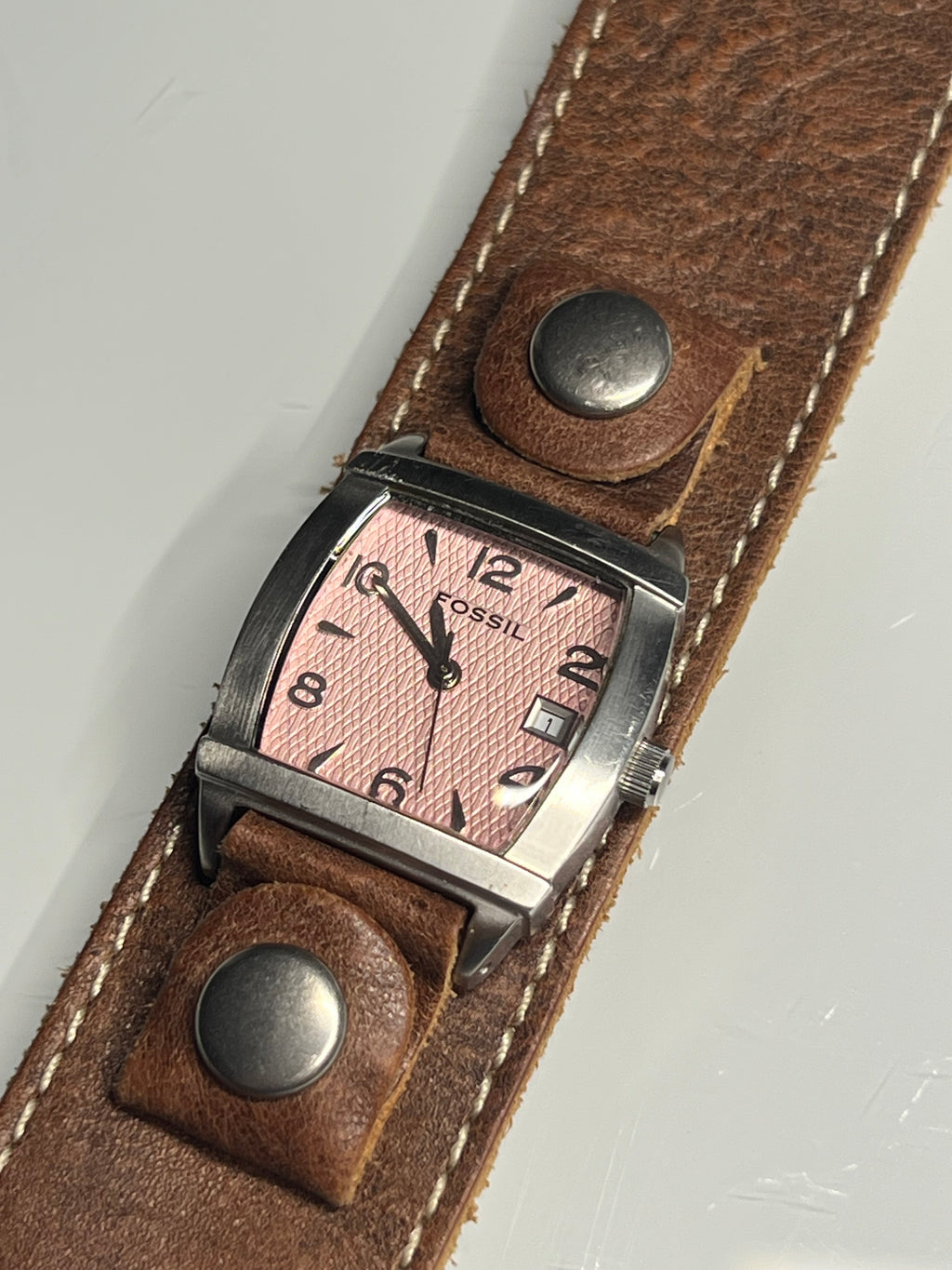 Fossil Watch Women’s 25mm Pink Silver Tone Date Wide Leather Cuff Band JR9010