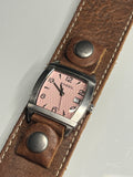 Fossil Watch Women’s 25mm Pink Silver Tone Date Wide Leather Cuff Band JR9010
