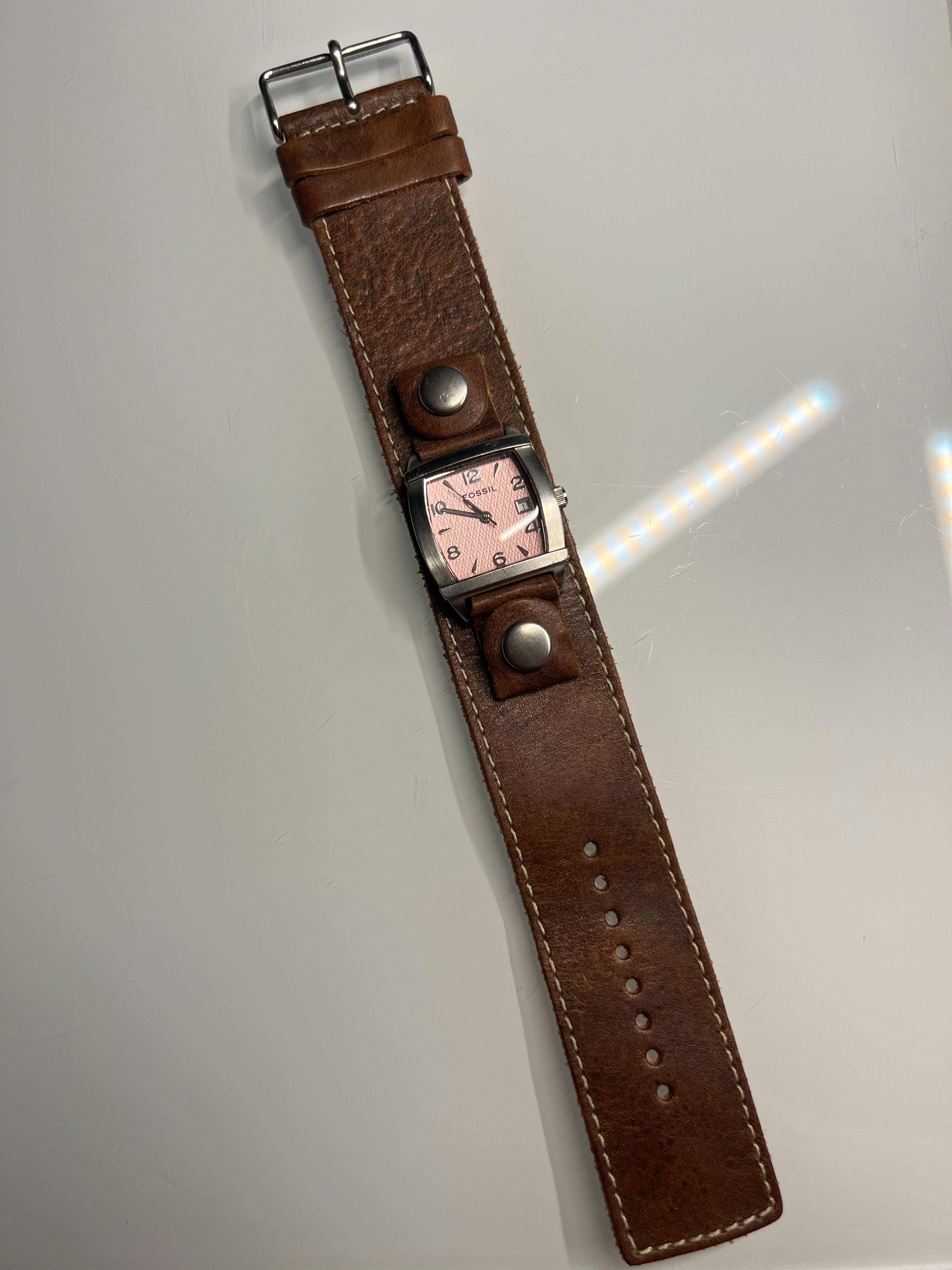 Fossil Watch Women’s 25mm Pink Silver Tone Date Wide Leather Cuff Band JR9010
