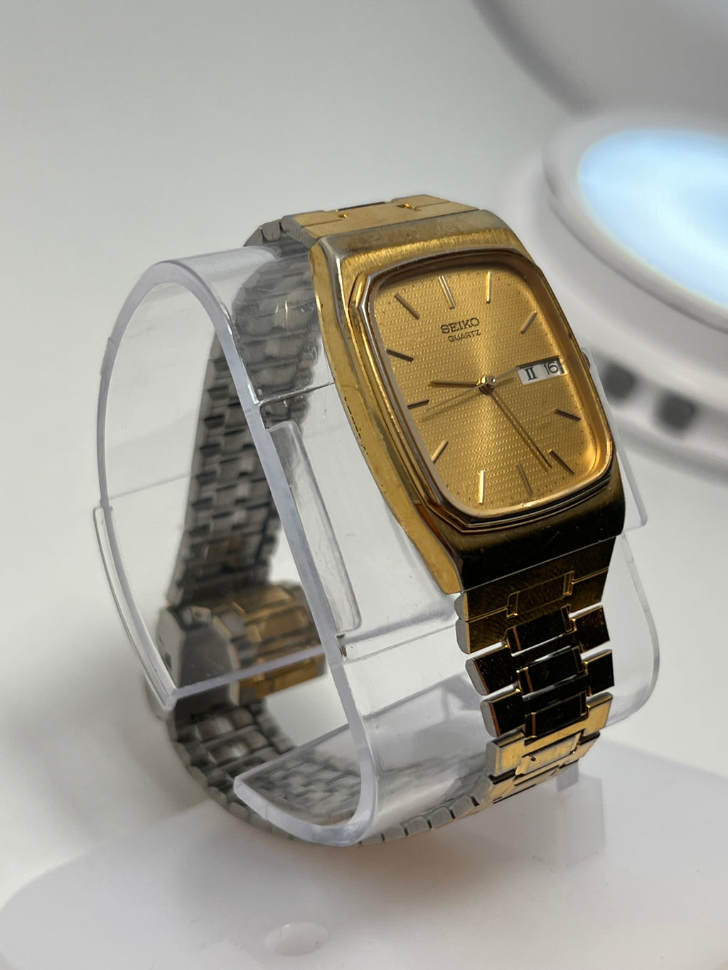 Seiko Watch Men 29mm Gold Dial Gold Tone Daydate Rectangle 6533-5010