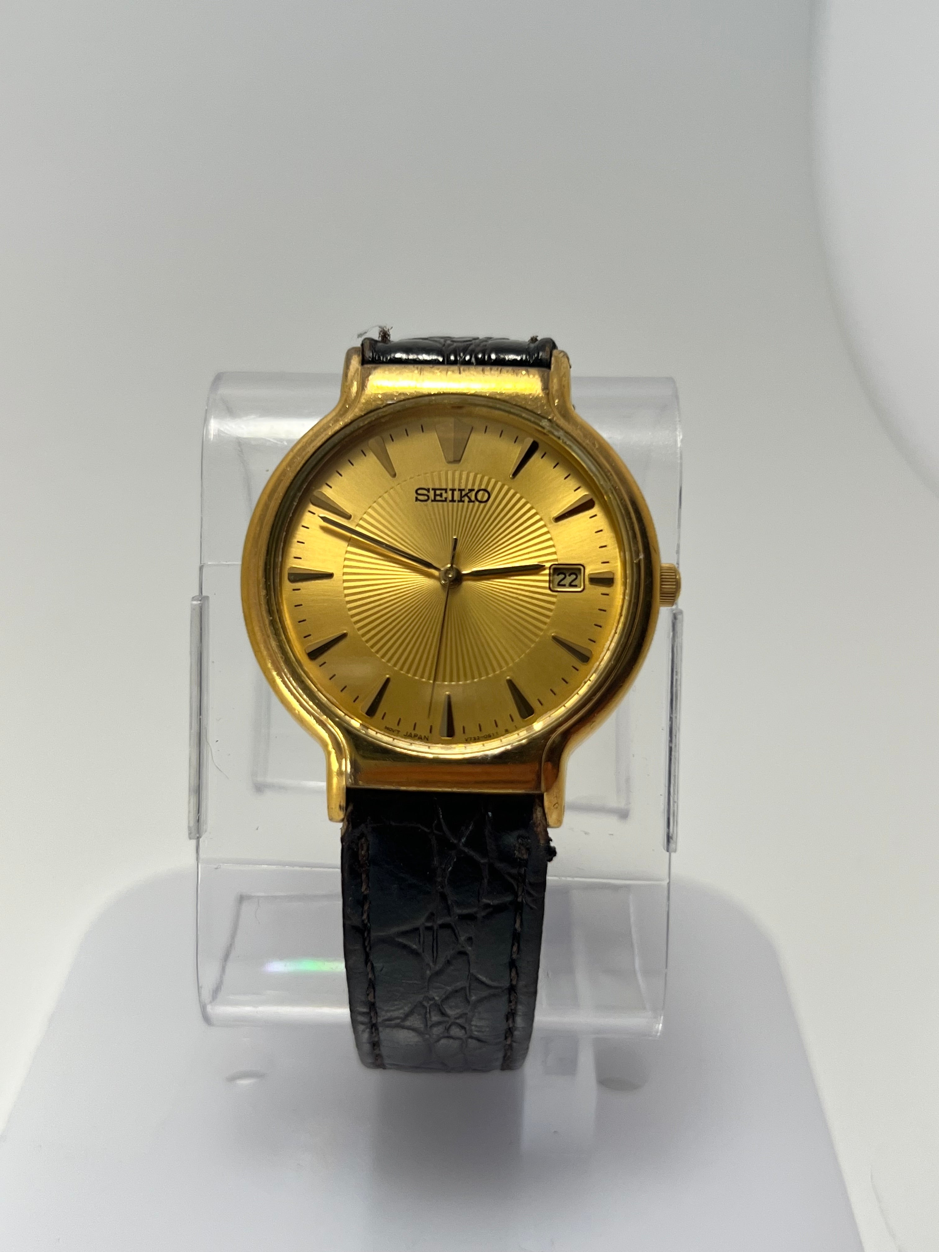 Men's Seiko V732-0220 Gold Tone Quartz Date Watch 33mm