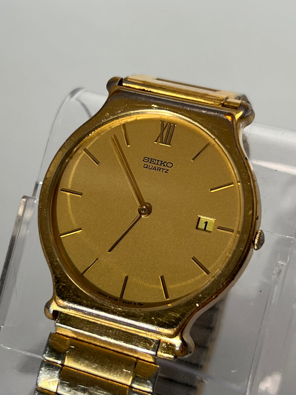 Vintage Seiko Watch Men 31mm Gold Dial Gold Tone Date Round 5Y39-8A09