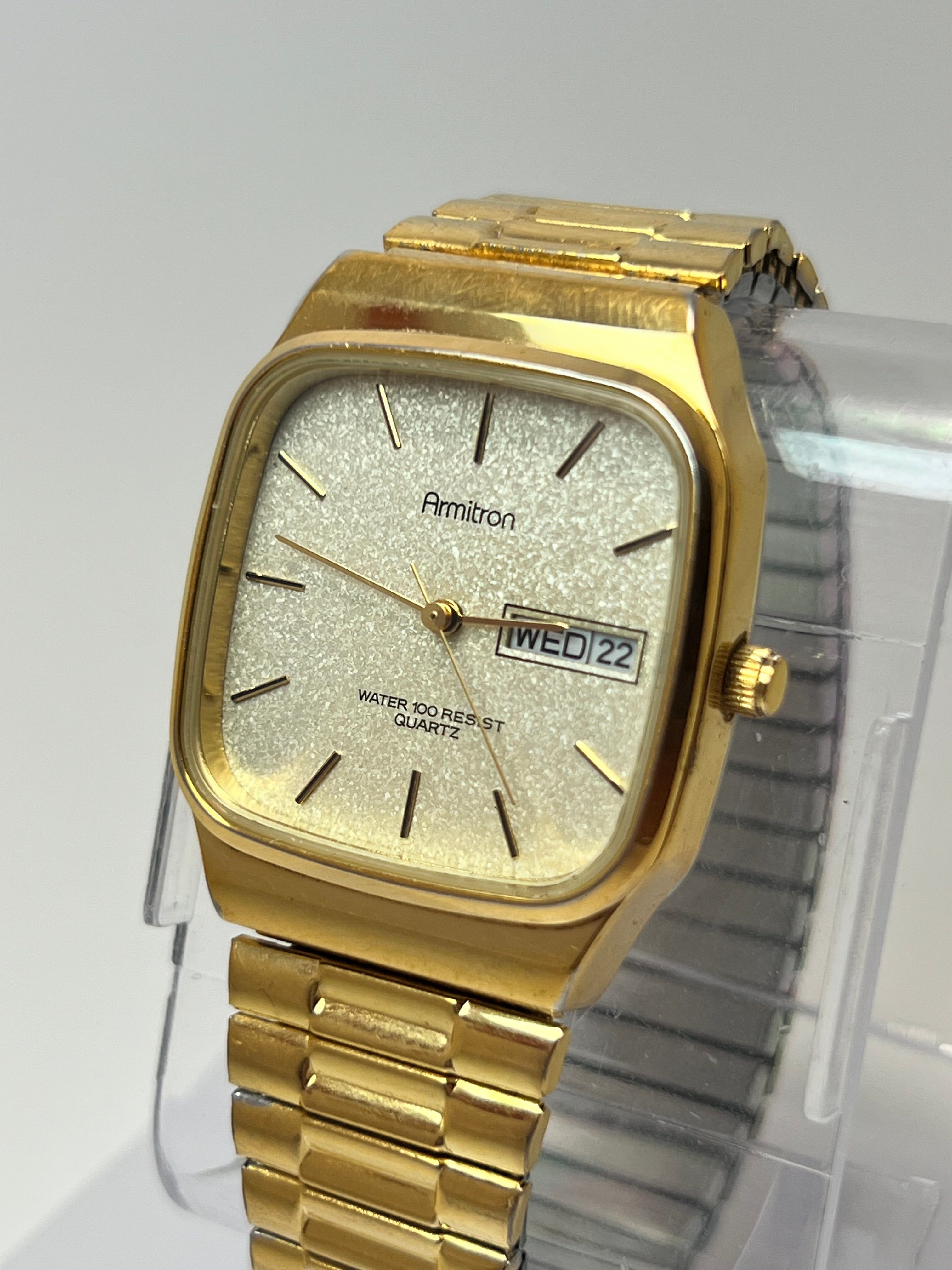 Armitron Watch Men 30mm Champagne Dial Gold Tone Daydate Rectangle