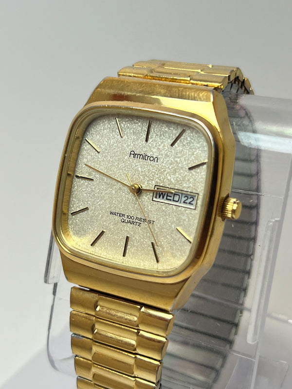 Armitron Watch Men 30mm Champagne Dial Gold Tone Daydate Rectangle