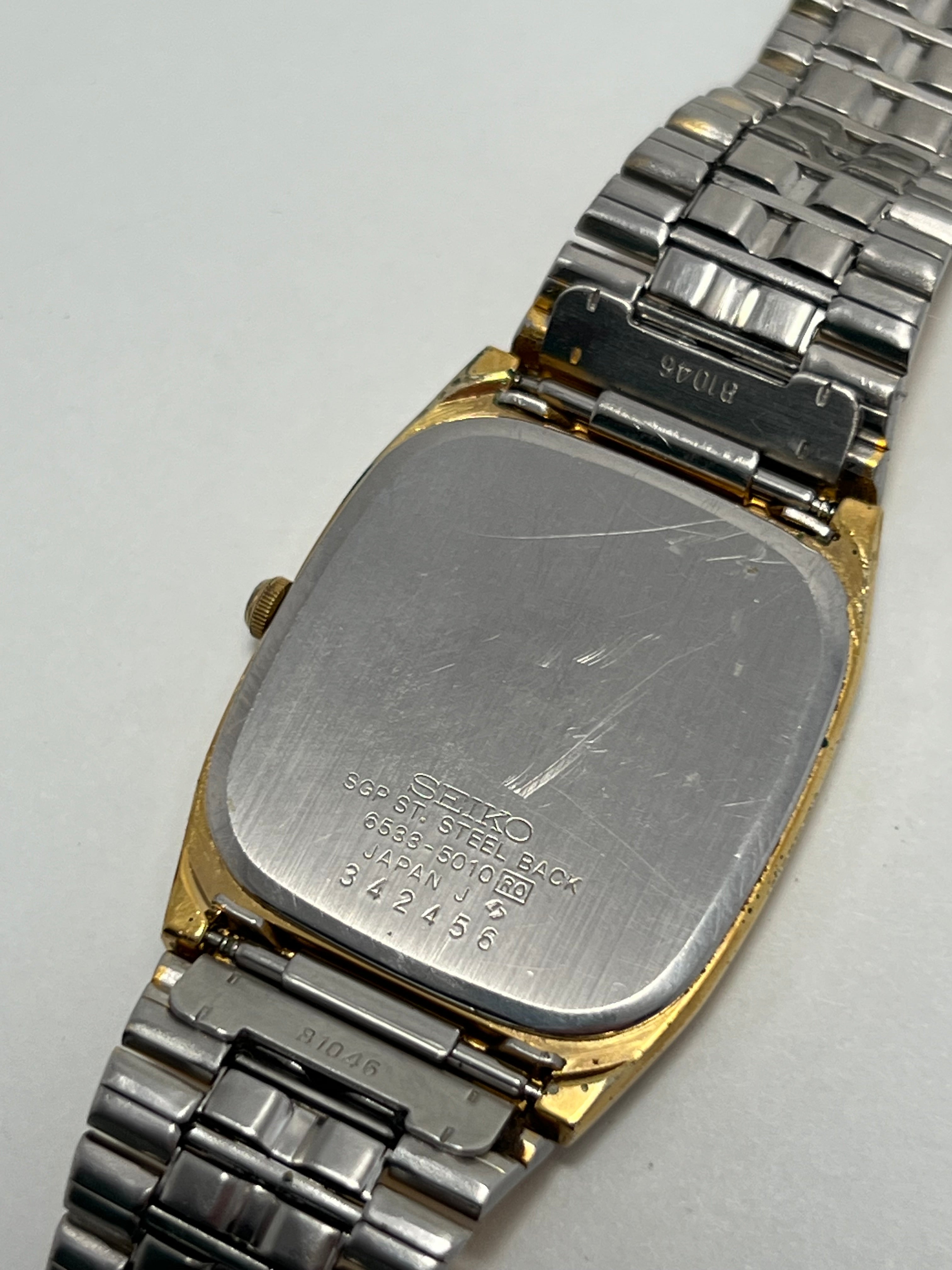 Seiko Watch Men 29mm Gold Dial Gold Tone Daydate Rectangle 6533-5010