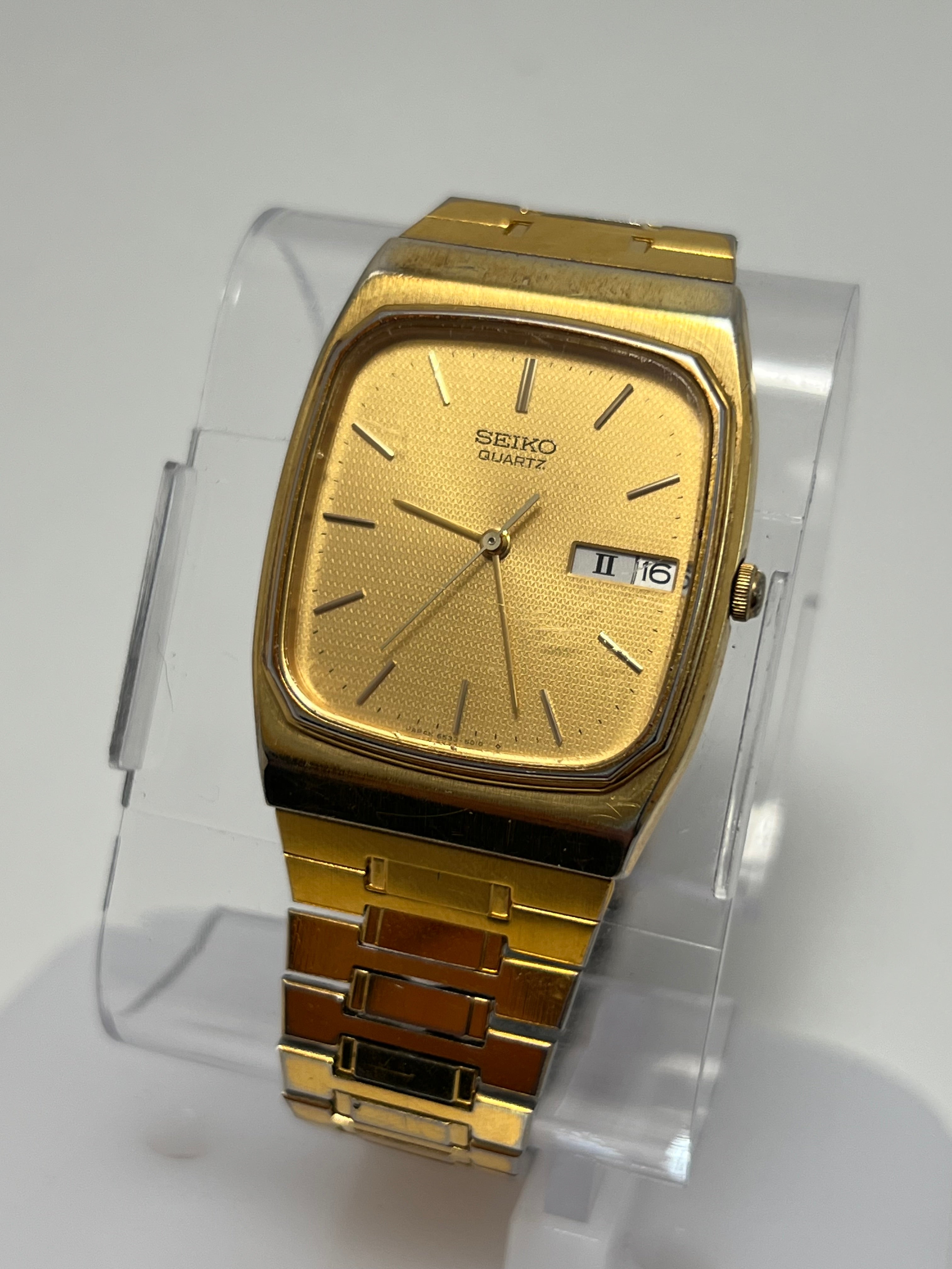 Seiko Watch Men 29mm Gold Dial Gold Tone Daydate Rectangle 6533-5010